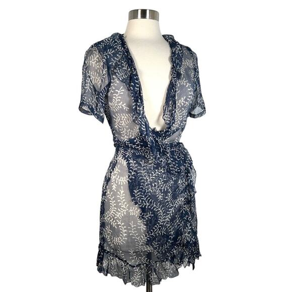 Cloe Cassandro Silk Printed Sheer Mini Wrap Dress Cover Up OS Ruffles Beach - Picture 1 of 7